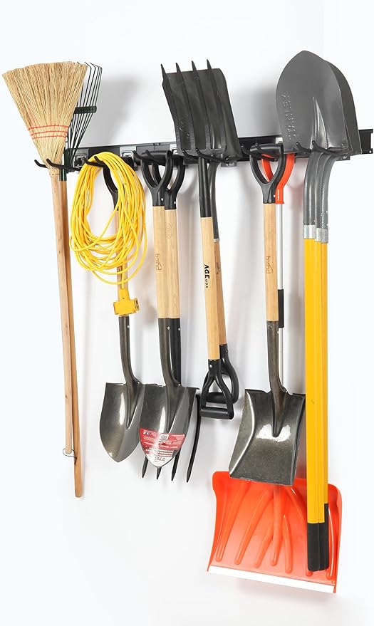 Aking Ace Garage Organization Wall Mount, 32inch Garden Tool Organizer With 6 Clamping Hooks, Heavy Duty, Garage Hanging Storage Rack For Yard Tools, Shovel, Shed, Hold Up to 300lbs (32Inch Black)