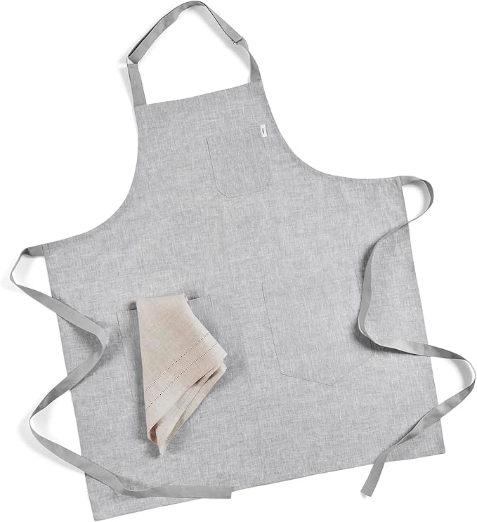Solino Home Linen Bib Apron for Men & Women - 33 x 30 Inch Kitchen Apron with Front Pockets - Handcrafted from European Flax