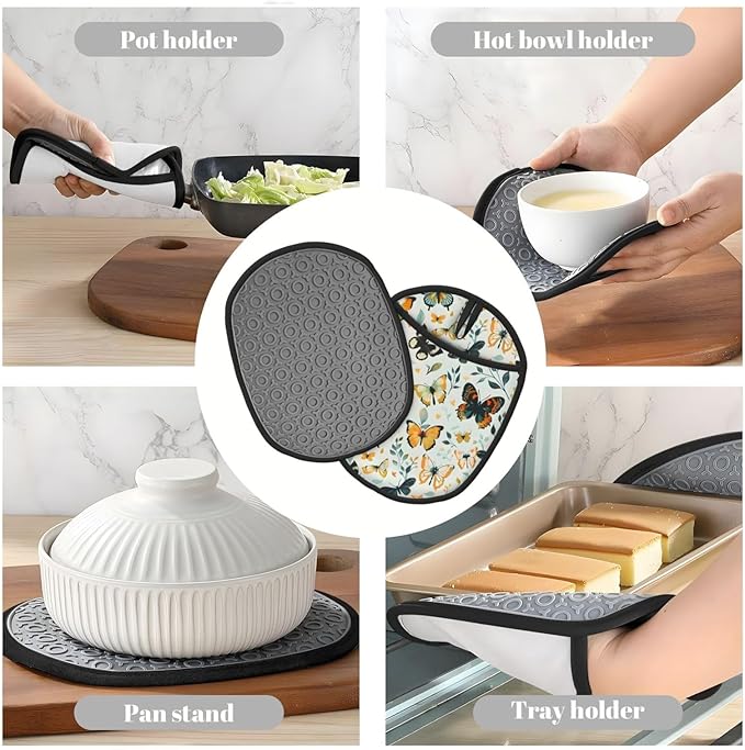 Pot Holders 2 Pack Silicone, Cotton Lining, Heat Resistant to 500°F (260°C), Non-Slip Grip, 7.5"x9.4" Oval Kitchen Hot Pads for Oven, Cooking (Butterflies, Potholders)
