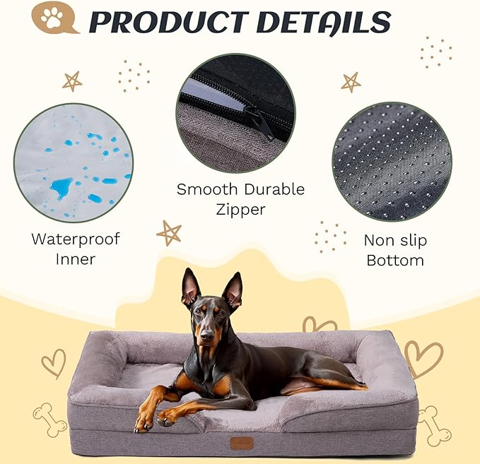 OUPEIWAWA Extra Large Dog Bed Orthopedic with Bolster Sides Removable Egg-Crate Foam Waterproof Liner Pet Bed Sofa Couch with Removable Washable Cover Non-Slip Bottom, Beige