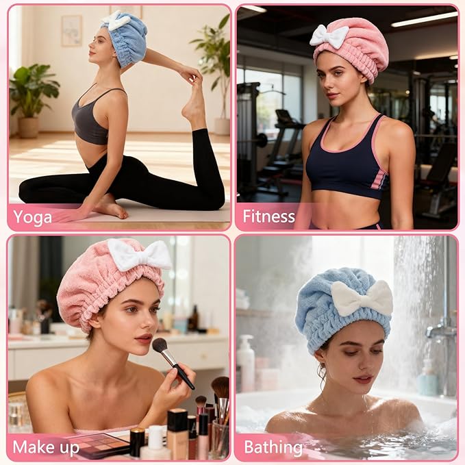 2Pcs Super Absorbent Hair Towel Wrap for Wet Hair, Microfiber Hair Towel Wrap Quick-Drying Thickened Hair Towels, Soft Bow Tie Wet Hair Towels Wrap for Women Girls (Pink+Blue)