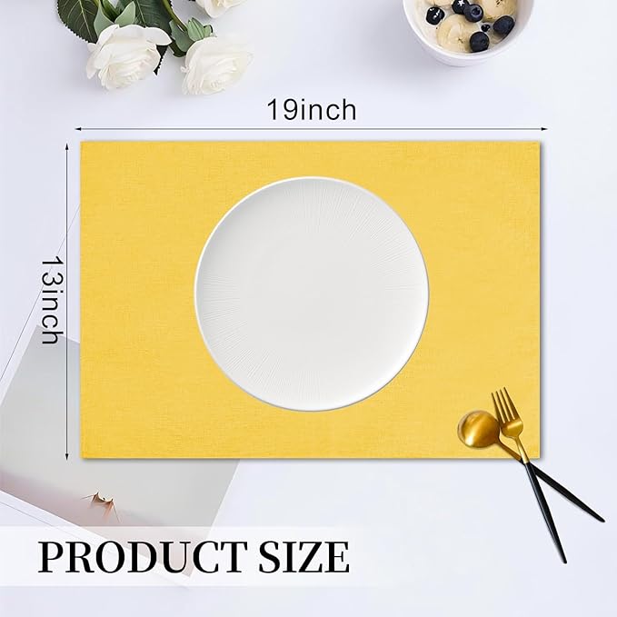 Placemats Set of 6 Linen Type Fabric Cloth Placemats, 19 x 13 Inch Double Layered Thick Wrinkle Free Heat Resistant Table Place, for Dining, Kitchen, Party (Yellow, 48 * 33cm)