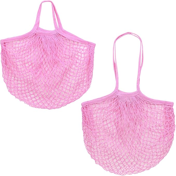 M METERXITY 2-Pack Cotton Mesh Bag, Reusable Washable Mesh Net String Grocery Bags, Reusable Produce Bags with Handle, Net Tote Bag for Fruits/Vegetables Shopping [Pink, Long&Short Handle]
