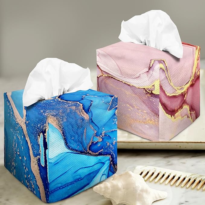 Tissue Box Cover Square Decorative Tissue Box Holder Cute Funny Cube Tissue Case Cover-Blue Marble Tissue Box Cover