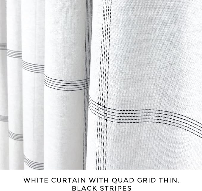 HALL & PERRY Shower Curtain with Fringe Tassels in Ellis Design- White Fabric with Black Grid Lines 100% Cotton 72''x84'', Ellis White and Black