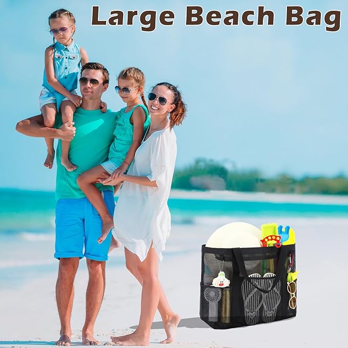 Fammart Mesh Beach Bag, Large Beach Tote with Zipper Pocket for Family Pool Bag for Toys & Vacation Essentials