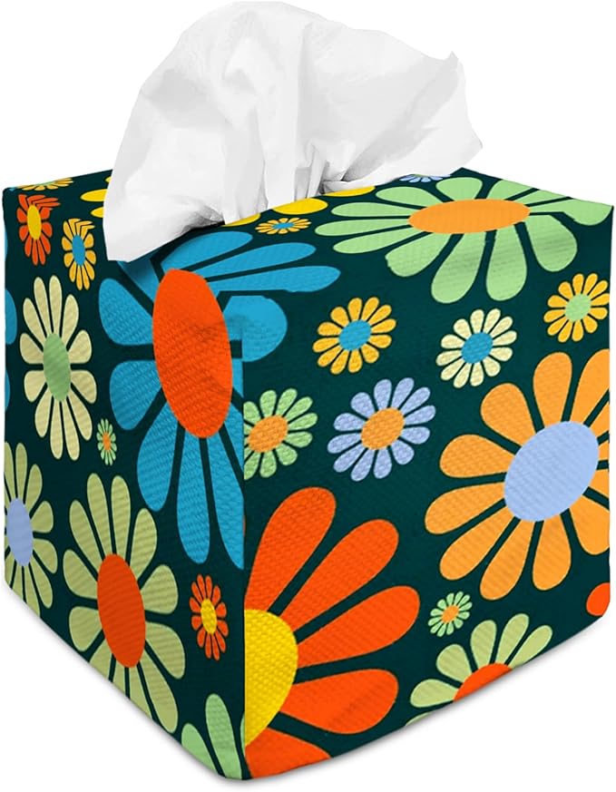 Tissue Box Cover Square Decorative Tissue Box Holder Cute Funny Cube Tissue Case Cover-Hippie Flower Tissue Box Cover