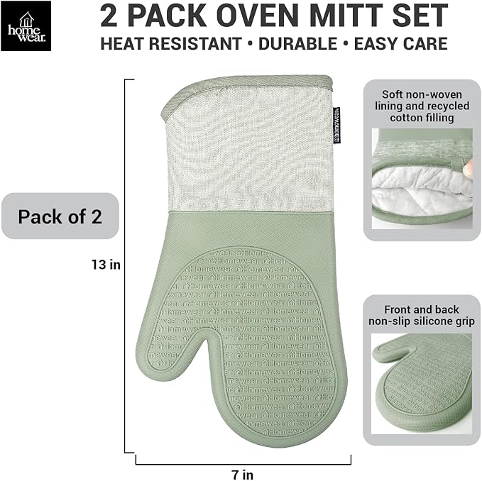 Homewear Marlow Silicone Extra Long Oven Mitt 2 Piece Set, Heat and Slip Resistant, Recycled Cotton with Soft Lining, Thick Kitchen Gloves for Cooking, Green
