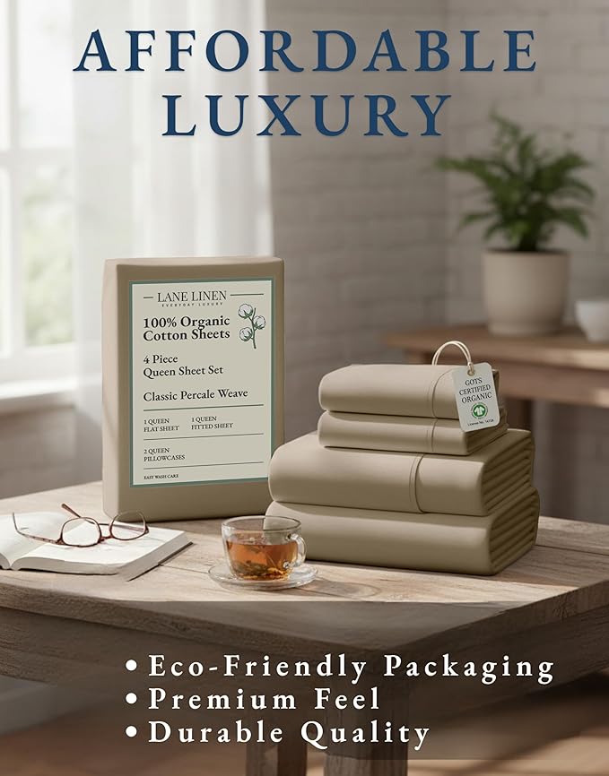LANE LINEN 100% Organic Cotton Sheets Set Pure Long- Staple Percale Weave - Bedding for Bed Fits Mattress Upto 15" Deep Pocket (Queen Taupe)