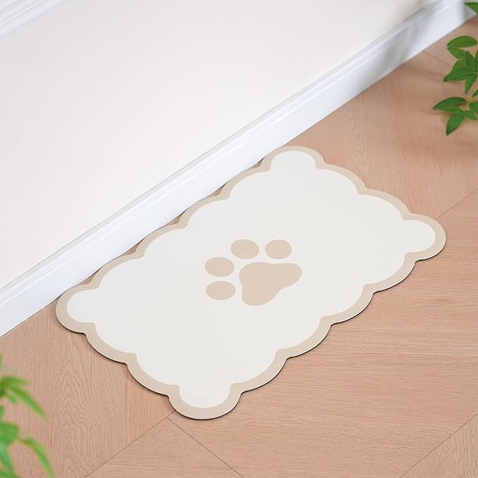 Ralxion Scalloped Dog Feeding Mat, Absorbent Mats for Dog Food and Water Bowl, Dispenser, Cute Elegant Aesthetic Khaki Beige Scallop Pet Placemat for Dogs, Cats, Puppy Accessories, 14" X 19”