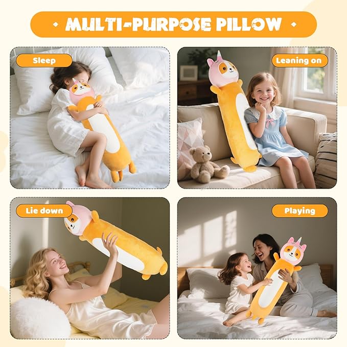 HAIJUNYA 22 Inch Kawaii Unicorn Dog Long Plush Body Pillow Toy, Soft Corgi Shiba Inu Plushies with Stuffy Unicorn Outfit Big Stuffed Animals Gift for Kids Boys Girls, Birthday, Halloween, Christmas