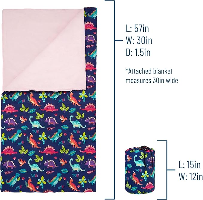 Wildkin Kids Sleeping Bag – Roll-Up Design with Storage Bag for School, Travel & Camping - Darling Dinosaurs
