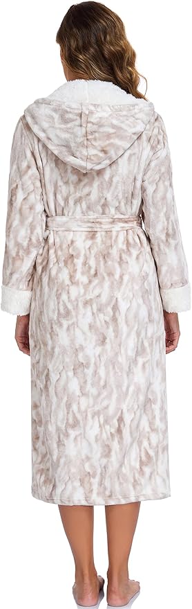 RONGTAI Womens Plush Fleece Hooded Bathrobe, Thick Nightgown Long Robe Sleepwear with Two Side Pockets and Belt