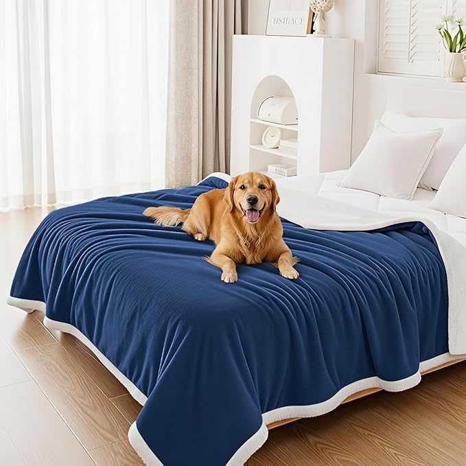 Smiry Waterproof Blanket Throw for Large Dogs, Soft Reversible Dog Blanket for Sofa Couch Bed, Washable Leakproof Sherpa Fleece Furniture Couch Protector(60"x80", Navy/White)