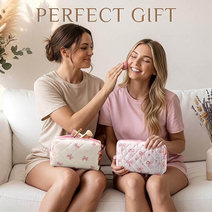 Paterr 10 Pcs Quilted Makeup Bag Bulk Cotton Floral Cosmetic Bag Women Girls Bridesmaid Gifts Cute Makeup Pouch Coquette Aesthetic Travel Toiletry Organizer(Pink Bow,6.30 x 3.94 Inches)
