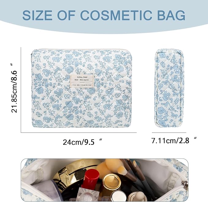 Floral Makeup Bag, Large Cosmetic Bag for Women Girls, Cute Cotton Make up Pouch, Quilted Makeup Bags, Flower Travel Toiletry Organizer Bag(Blue Floral)