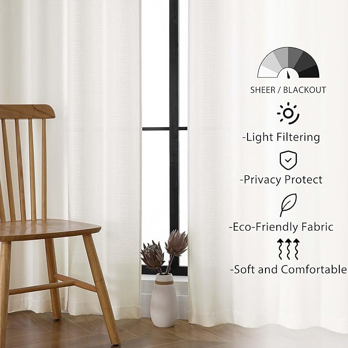 Lecloud Bessie Ivory Curtains 96 Inches Long 2 Panels for Big Windows, Light Filtering Breathable Elegant Living Room Curtains, Faux Linen Textured Curtain Drapes with Rod Pocket, Each 40 W x 96 L