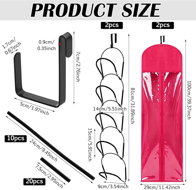 Blulu 10 Pcs 10 Pcs Wig Hangers Rack for Multiple Wigs with Dust-proof Storage Bags, Hanging Storage Organizer for Hat with Anti-slip Grips Space Saving for Door Wall Closet Bathroom (Hot Pink)