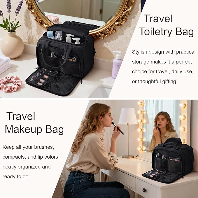 Bagstellar Travel Toiletry Bag, Lightweight Wide-open Large Puffy Toiletry Bag for Women, Quilted Makeup Bag Organizer Water-resistant Cosmetic Bag with Handle for Toiletries, Essentials, Accessories