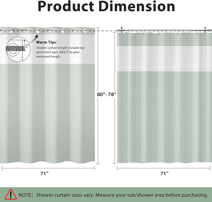 GICDSU No Hook Shower Curtain with Snap in Liner, Waffle Shower Curtain Set for Bathroom, Hotel Style with Semi-Sheer Top Window, Waterproof & Washable, Sage Green, 71" W x 80" L