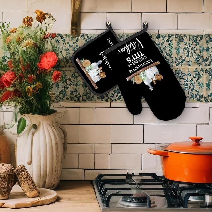 Titi Gifts Oven Mitts and Pot Holders Sets, Gifts for Titi Aunt Auntie Aunty, Titi Aunt Auntie Gifts from Nephew Niece, Sweeter in Titi’s Kitchen Heat Resistant Oven Glove Potholders for Kitchen