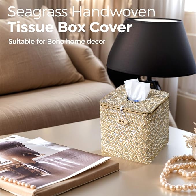 KALEKAIL Seagrass Tissue Box Cover with Lid, Wicker Tissue Box Holder Square, Boho Decorative Woven Tissue Cover Rustic Cube Tissue Holders for Bathroom Living Room Kitchen, Whitewash
