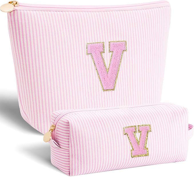 Btffitting Personalized Makeup Bag for Women Girls - Fashion Cosmetic Bag Trendy Travel Toiletry Bag with Initials Letter - Teen Gifts - Pink,V