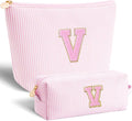 Btffitting Personalized Makeup Bag for Women Girls - Fashion Cosmetic Bag Trendy Travel Toiletry Bag with Initials Letter - Teen Gifts - Pink,V