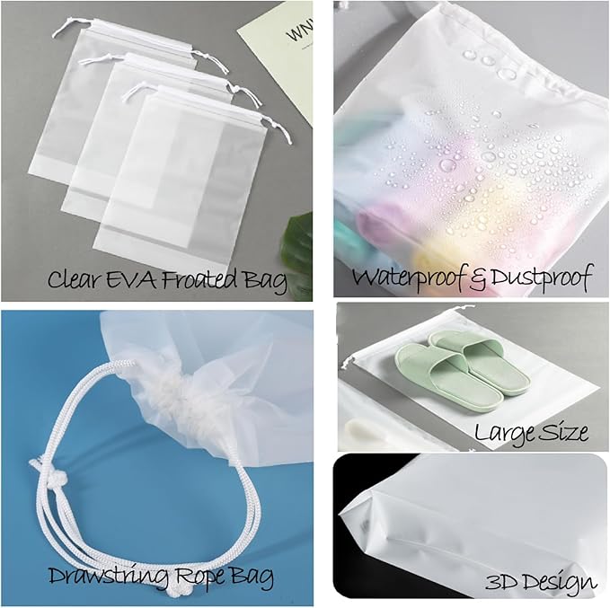 JACUXLSS Frosted Clear Plastic Travel Shoe Bag for Men Woman Travel Organizer, 15Pcs Washable Translucent Drawstring Pouch with Rope for Golf GYM Sneaker Clothes Suitcase Home Packing Storage
