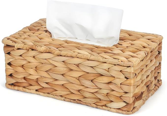 MHCLUE Water Hyacinth Rectangular Tissue Box Cover - Handwoven Natural Decorative Tissue Holder, Fits Standard Rectangular Tissue Boxes for Living Room, Bedroom, Bathroom, Sustainable Home Decor