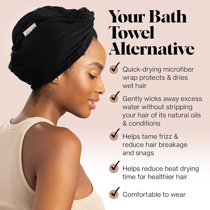 Kitsch Microfiber Hair Towel Wrap for Women - Super Absorbent Hair Drying Towel - Quick Dry, Anti-Frizz - for Long & Short, Wet & Curly Hair - Black