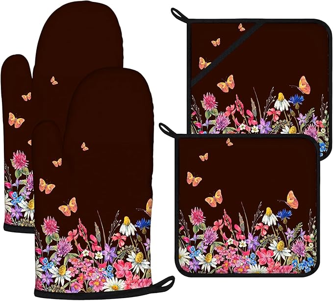 Wildflowers Oven Mitts and Pot Holders Sets 4Pcs,Extra Long Oven Gloves Potholder for Kitchen Cooking Baking BBQ 100% Cotton Heat Resistant