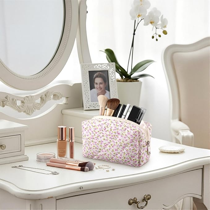 Paterr 6 Pcs Quilted Makeup Bag Bulk for Women Girls Birthday Valentine's Day Bridesmaid Gifts Cute Cotton Cosmetic Pouch Bow Floral Coquette Aesthetic Travel Toiletry Bag(Small Floral,Pink)