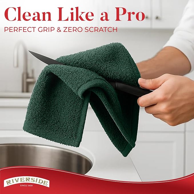 Riverside Bar Mop Towels Pack of 12, 16x19 Inches, 100% Ring Spun Cotton Terry Cloth Kitchen Towel, Highly Absorbent & Reusable Multipurpose Cleaning Rags for Bathroom, Hotel, Restaurant, Hunter Green