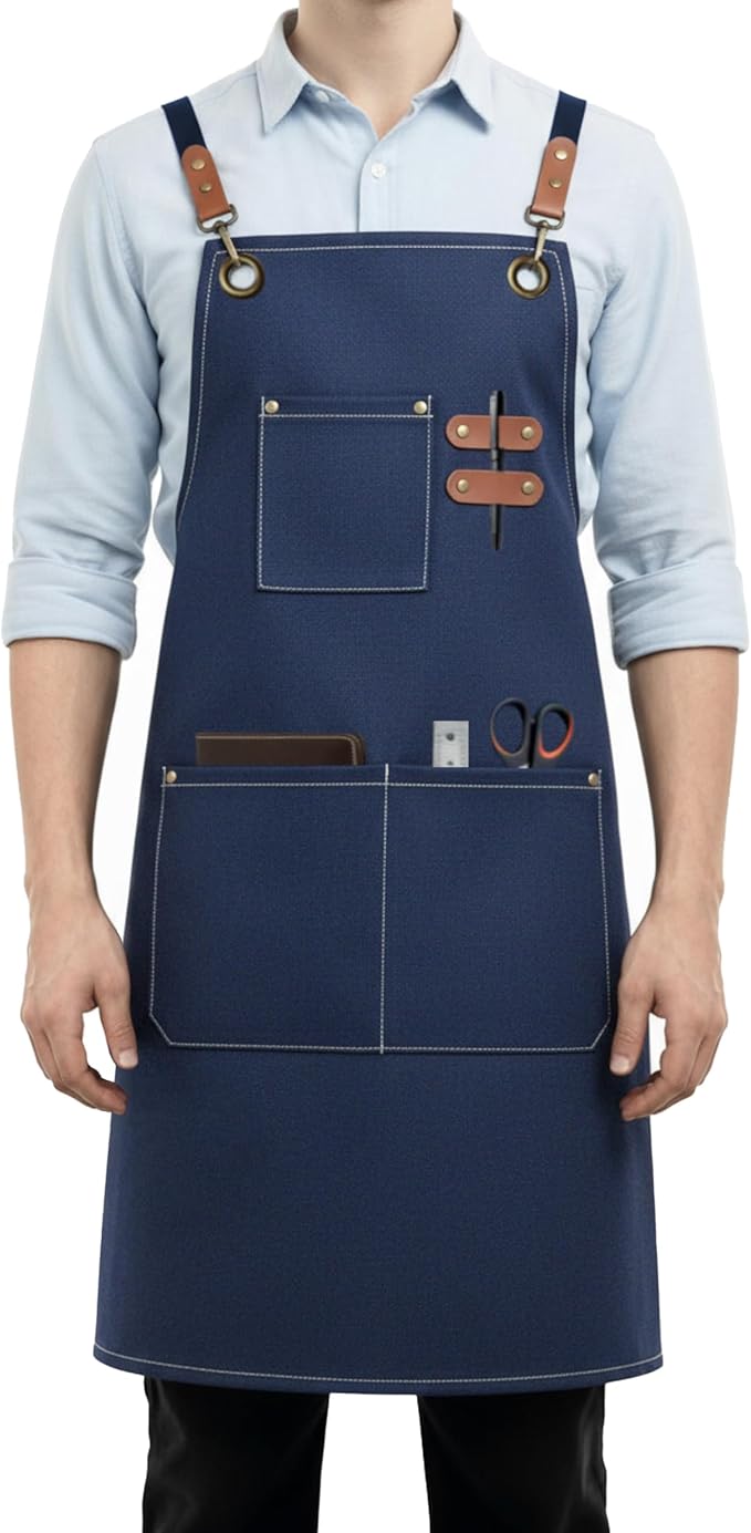 Canvas Work Apron for Men Women with 3 Pockets Heavy Duty Crossback Kitchen Chef Aprons for Cooking Grilling Barista