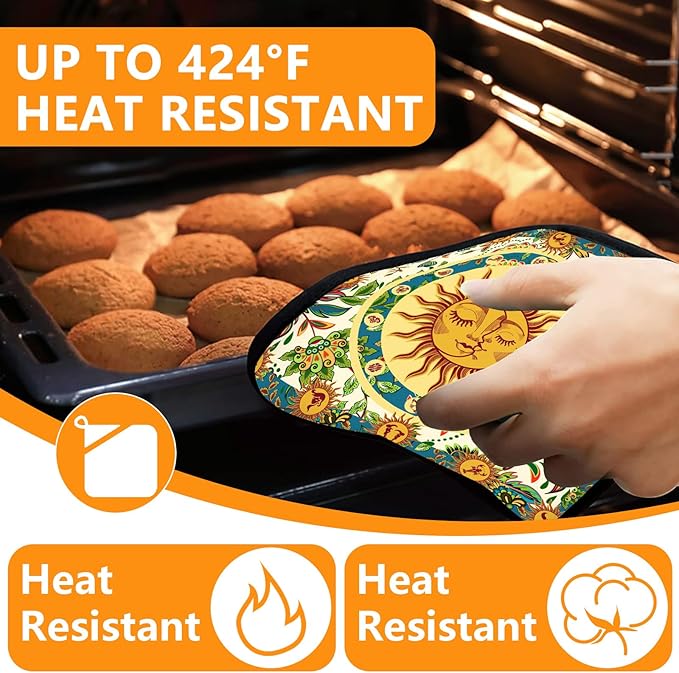 Sun and Moon Oven Mitts and Pot Holders Sets 4Pcs,Extra Long Oven Gloves Potholder for Kitchen Cooking Baking BBQ 100% Cotton Heat Resistant