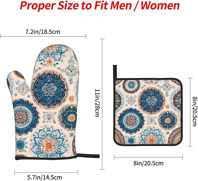 Oven Mitts and Pot Holders Sets of 4 Vintage Mandala Flower Kitchen Potholder Gloves Heat Resistant Non-Slip for Chef Baking Cooking Grilling BBQ Mittens