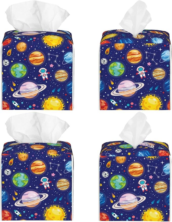 POIUBLE Leather Tissue Box Holder Solar System Universe Planet Tissue Box Cover Square Waterproof Tissue Holder Organizer Modern Napkin Holder for Bedroom Dresser Night Stand Office Desk