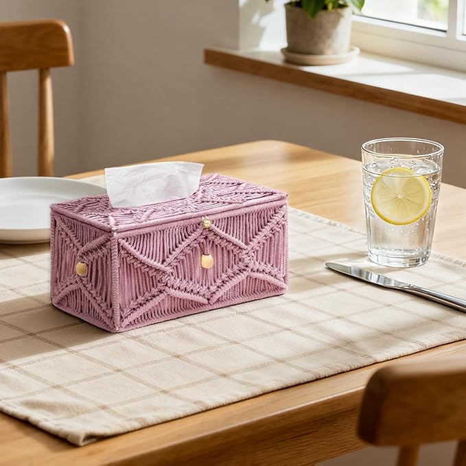 KaloKalo Handmade Tissue Box Cover Rectangle Decorative Macrame Boho Tissue Holder Cotton Rope Woven Napkin Facial Paper Organizer Bohemian Desk Storage Container with Buckle Wood Beads (Pink)