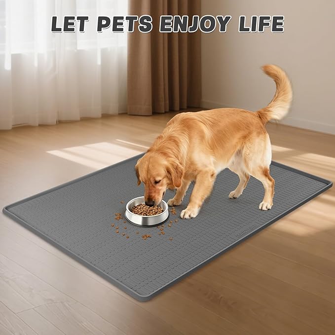 47" x 35" Silicone Dog Food Mat, Waterproof Pet Feeding Mat with Raised Edge, Extra Large Dog Bowl Mat Non-Slip Water Bowl Placemats for Dogs, Protects Floors, Easy to Clean (Dark Gray)