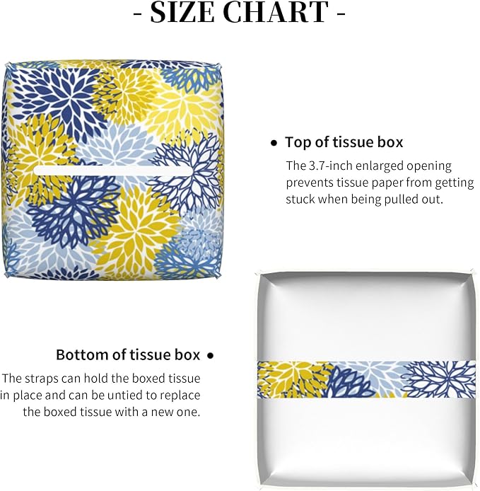 POIUBLE Yellow and Navy Chrysanthemum Flower Tissue Box Cover Leather Tissue Box Holder Square Facial Paper Organizer Dispenser for Bathroom Kitchen Bedroom Vanity Countertop Night Stands