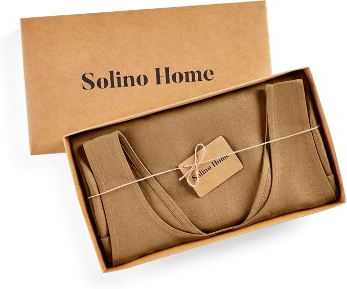 Solino Home Cross Back Linen Apron with Pockets for Gardening, Kitchen - Tobacco Brown Pinafore Smock Apron 100% Pure Linen for Men & Women - Handcrafted from European Flax
