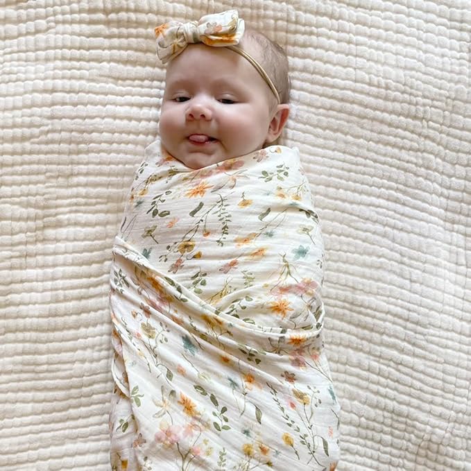 LifeTree Baby Muslin Swaddle Blankets for Boys & Girls, Newborn Swaddle Set with Matching Headband Bow, Infant Blanket Wrap, 47 x 47 inches, Floral Motif, 70% Viscose Bamboo and 30% Cotton