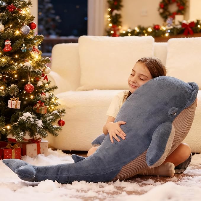 Tezituor 43.3 inch Giant Whale Stuffed Animal, Large Realistic Blue Stuffed Whale Plush Ocean Toys Gift for Christmas Birthday, Hugging 4ft Soft Whale Plush Body Pillow for Girls Boys