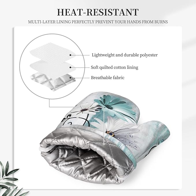 Teal Daisy Oven Mitts Pot Holders Set Silicone Heat Resistant Farm Teal Daisy Floral Flowers and Butterfly Oven Mitts and Hot Pads Potholders Non-Slip Oven Gloves for BBQ