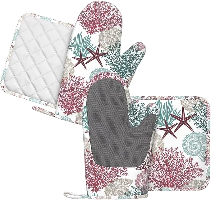 Nautical Coastal Oven Mitts and Pot Holders Set, 4pcs Silicone Starfish Seashell Coral Beach Themed Oven Glove for Kitchen Heat Resistant Oven Mitts and Non-Slip Potholders Red