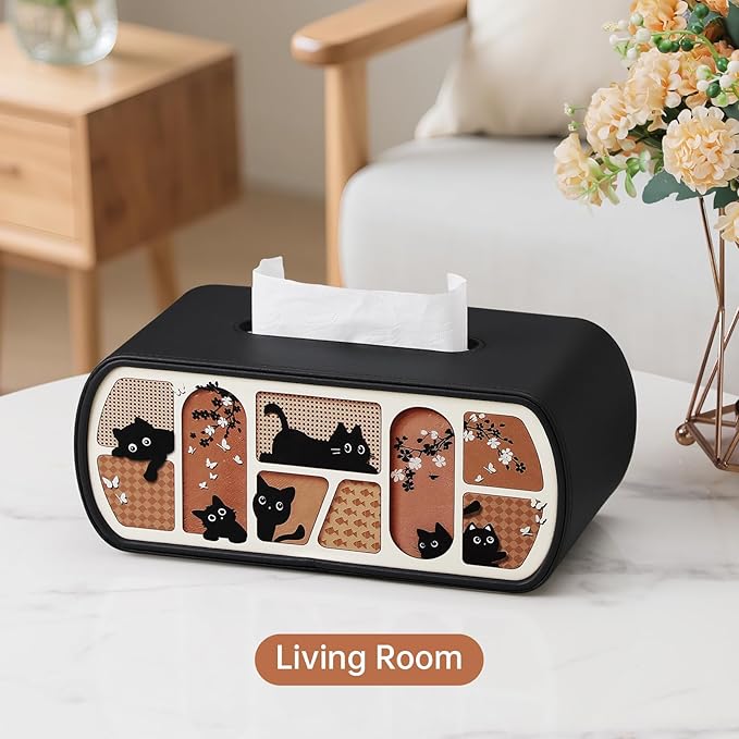MEIBOOCH Cat-Themed Tissue Box Cover Rectangle, Stylish Tissue Holder for up to 4 Inches High Boxes, Curved Edge Tissue Box Holder (Black)