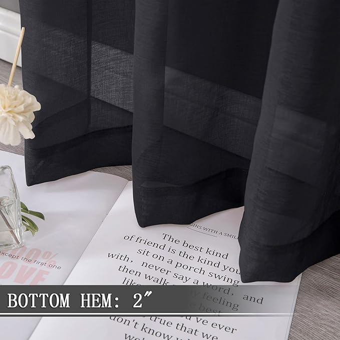Tollpiz Sheer Curtain Linen Textured Living Room Curtains Sheer Light Filtering Rod Pocket Voile Curtain for Bedroom, 54 x 72 inches Long, Black, Set of 2 Panels