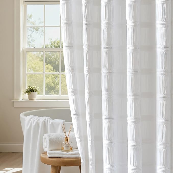 Lameirose Extra Long White Shower Curtain Farmhouse,72 x 96 Cotton Blend Waffle Tufted Striped Chic Textured Fabric Shower Curtain for Bathroom, Hotel, Washable