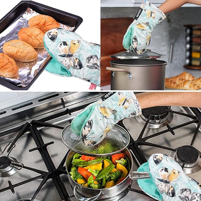 Mini Oven Mitts,2pk - Silicone Little Kitchen Gloves, Heat Resistant with Non-Slip Grip and Soft Quilted Cotton Lining for Safe Backing Cooking Barbecue (Turquoise, Butterfly)